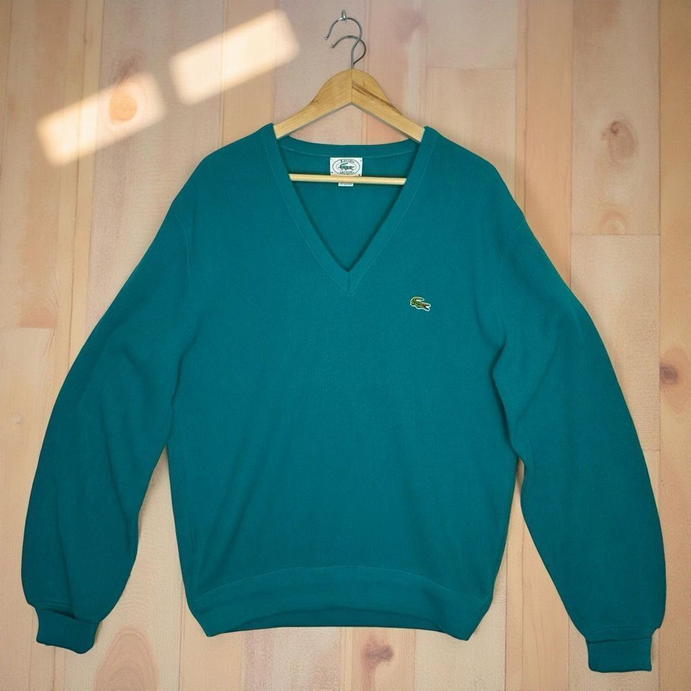IZOD LACOSTE Vintage Teal Green Blue V-Neck Sweater Size Large